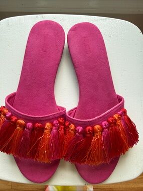 J. Crew Pink Slide Sandals with Pink & Orange Tassels